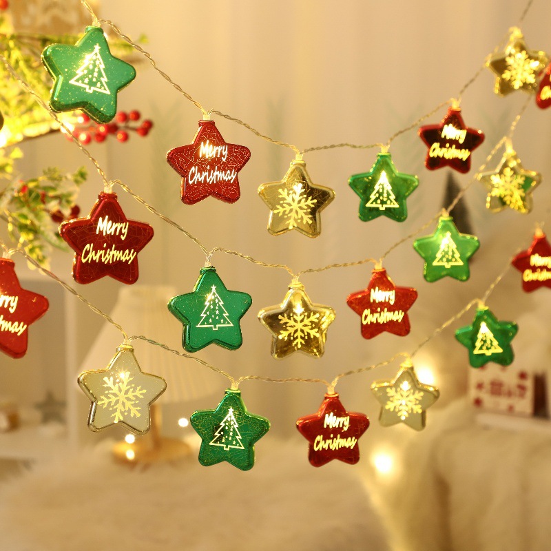 跨境圣诞节装饰灯串LED电镀圆球星星铃铛圣诞树挂件灯氛围灯彩灯