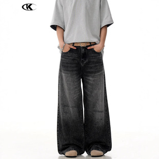11Kn American Black and Gray Straight Jeans for Men and Women, Retro Frayed, Distressed, Washed, Slim, Casual Wide-Leg Pants