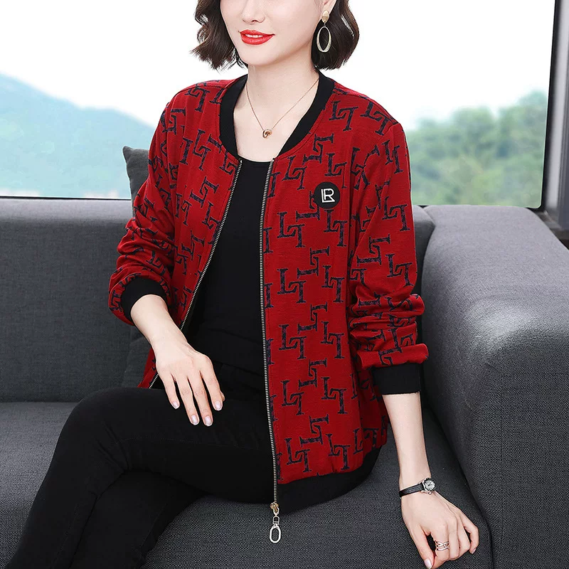 Осенний кардиган с молнией, длинный рукав для отдыха, куртка для матери, плюс размер, свободный крой