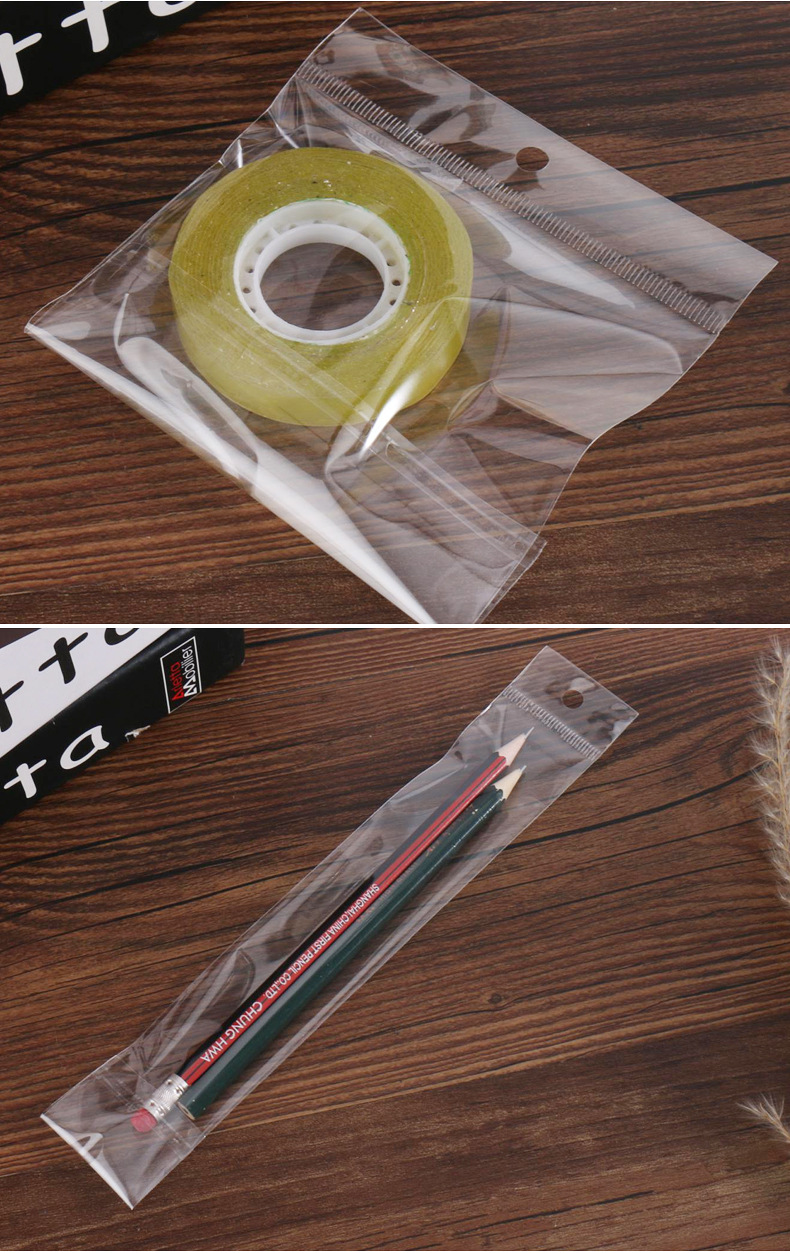 Bolsa autoadhesiva de película nacarada blanca, cabeza de tarjeta transparente, bolsa autoadhesiva de embalaje opp, bolsa de orificio colgante de película de plástico personalizada