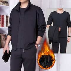 Fleece-lined, thickened, 100% cotton men's sports suit—spring and autumn, loose-fit, stand-up collar—for dads aged middle age and older; casual outerwear paired with a matching bottom piece.