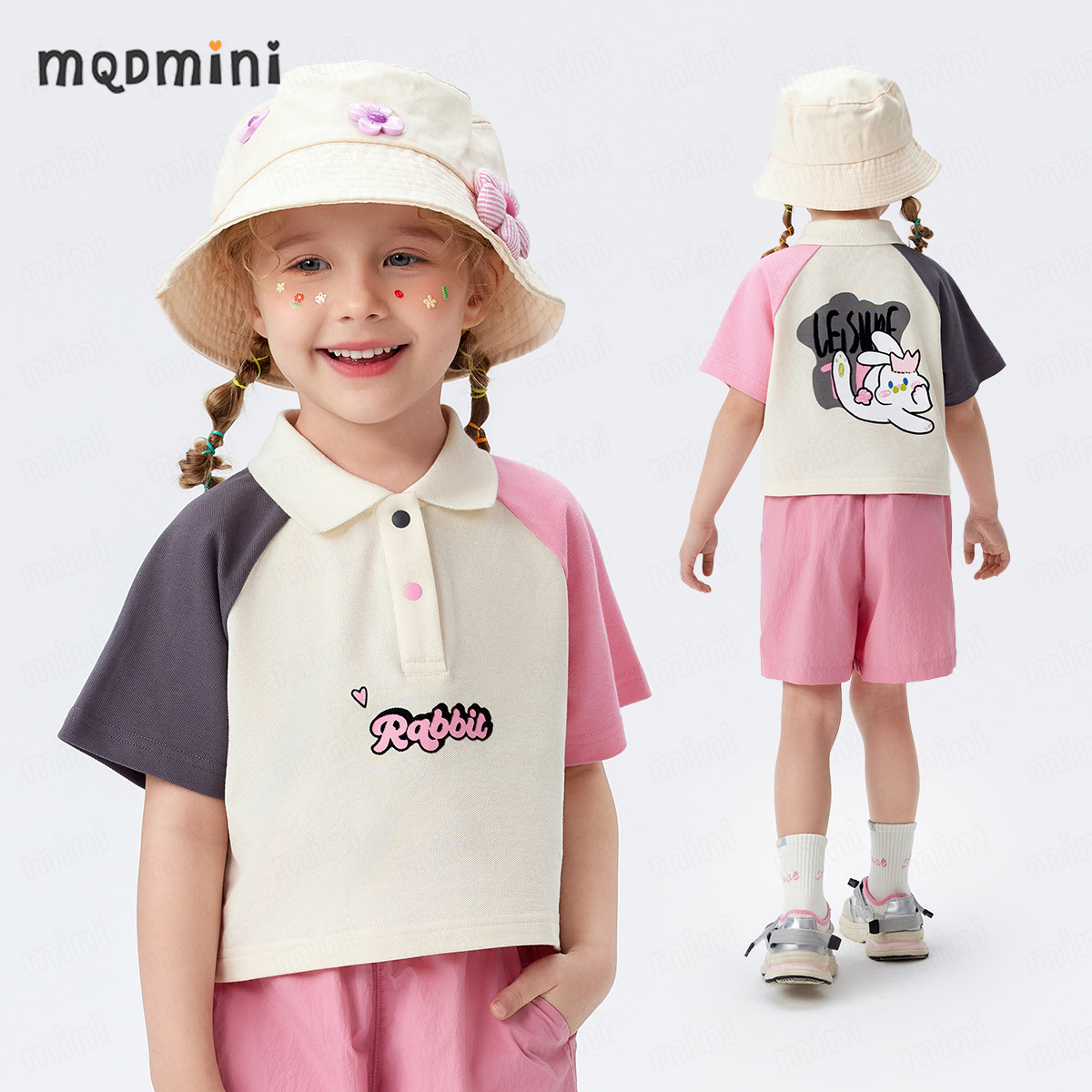 MQDMINI children's short polo shirt for girls, new summer style, color-blocked raglan sleeves, versatile and trendy top for toddlers.