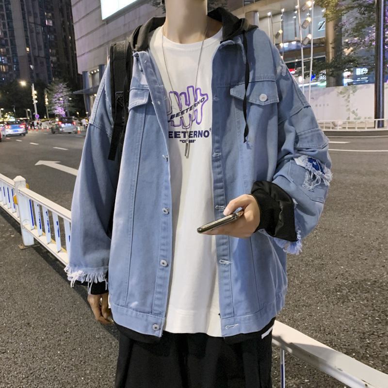 Spring and Autumn Men's Denim Jacket Loose Trendy Brand Printed Casual Jacket Korean-style Preppy Trendy Teenager Top