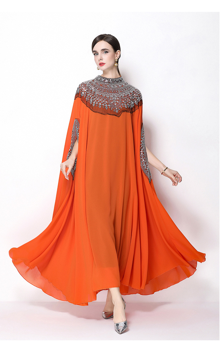 Đầm maxi nữ tay dài thêu hạt sequin cổ điển, dáng rộng che bụng — rượu vang đỏ, Vàng đen, Bạc đen, màu cam chi tiết 17