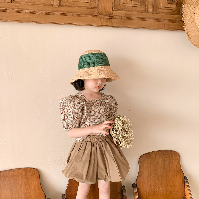 女童套装气质泡泡袖碎花上衣加花苞裙21夏装新款外贸童装代发