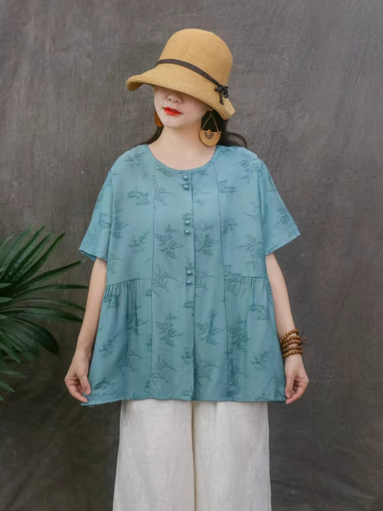 Cross-border nueva camiseta de mujer china impresa camiseta de mujer de manga corta camiseta base de verano overhead cuello redondo artístico ocio image 2
