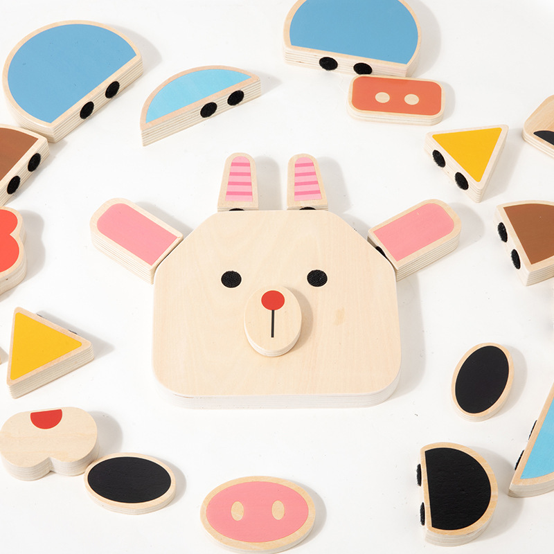 Creativo animal de madera para niños, velcro, cambio de cara, rompecabezas, juguetes, educación temprana para bebés, rompecabezas de bloques de construcción de inteligencia cognitiva y beneficiosa