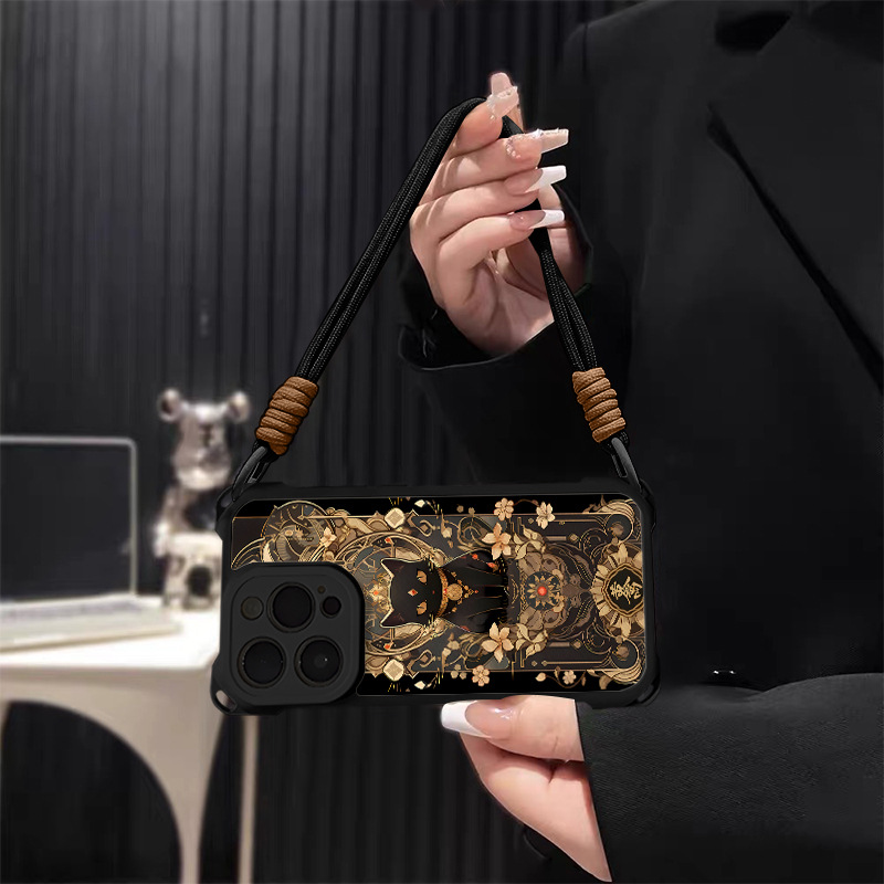 Black Cat Phone Case For Iphone 15 Pro Max With Lanyard_voghion.com