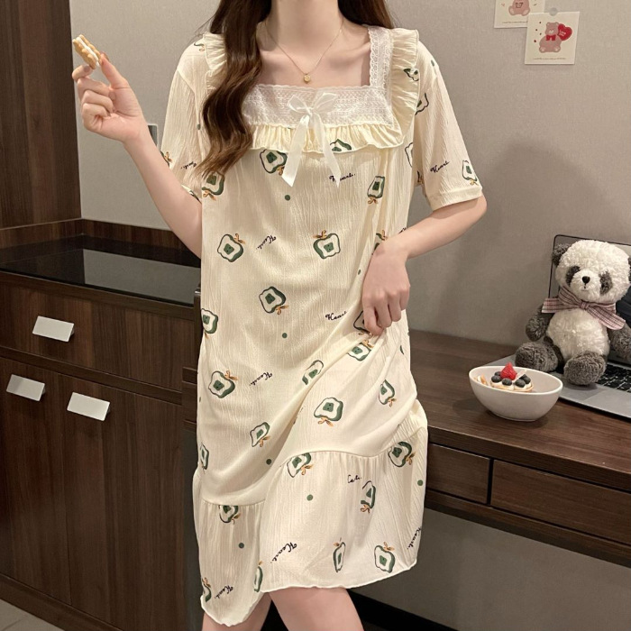 2024 pijama de mujer pijama de algodón de verano de manga corta encaje largo fresco ropa de hogar de estudiantes al por mayor