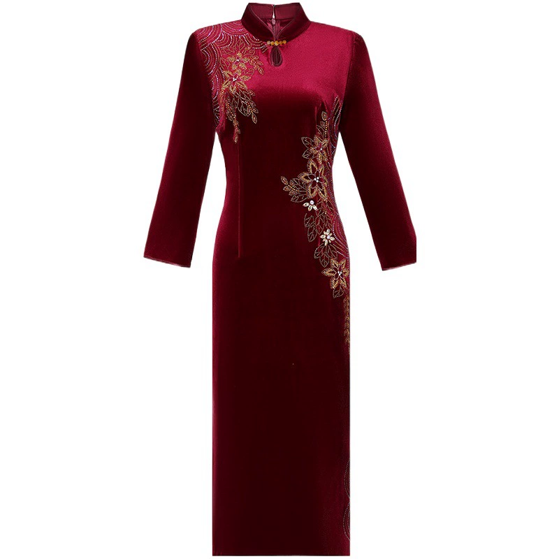 Осеннее и зимнее платье среднего возраста чонсам женский свадебный костюм свекрови свадебный праздник благородное золотое бархатное платье высокого класса