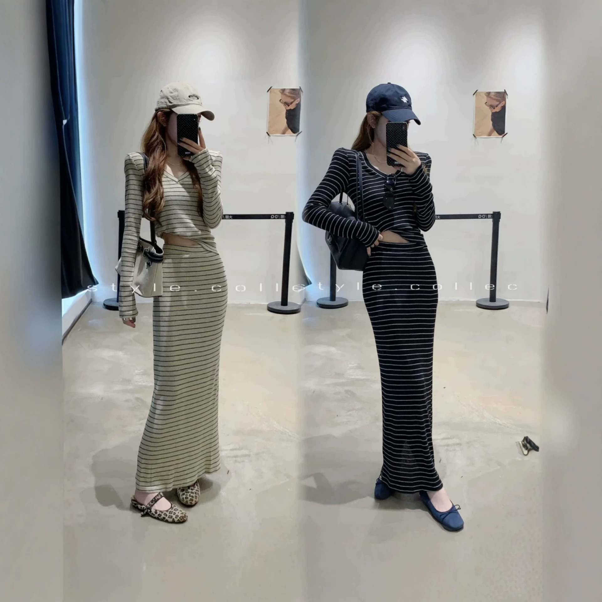 高知穿搭一整套秋装新款韩系V领条纹上衣半身裙休闲显瘦两件套装女装实拍产品高清图