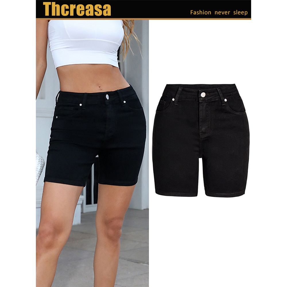 European Station High Waist Pure Black Pencil Denim Shorts Women's Stretch Slim-Fit Slimming Casual Women's Denim Shorts