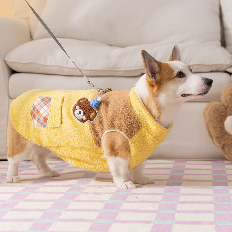 柯基狗狗衣服秋冬撞色小熊贴布中型犬保暖两脚绒衣腊肠犬宠物服饰|undefined