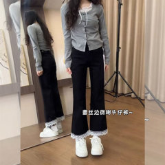 大码蕾丝拼接微喇牛仔裤女2025年秋季设计感胖mm遮肉小个子九分裤