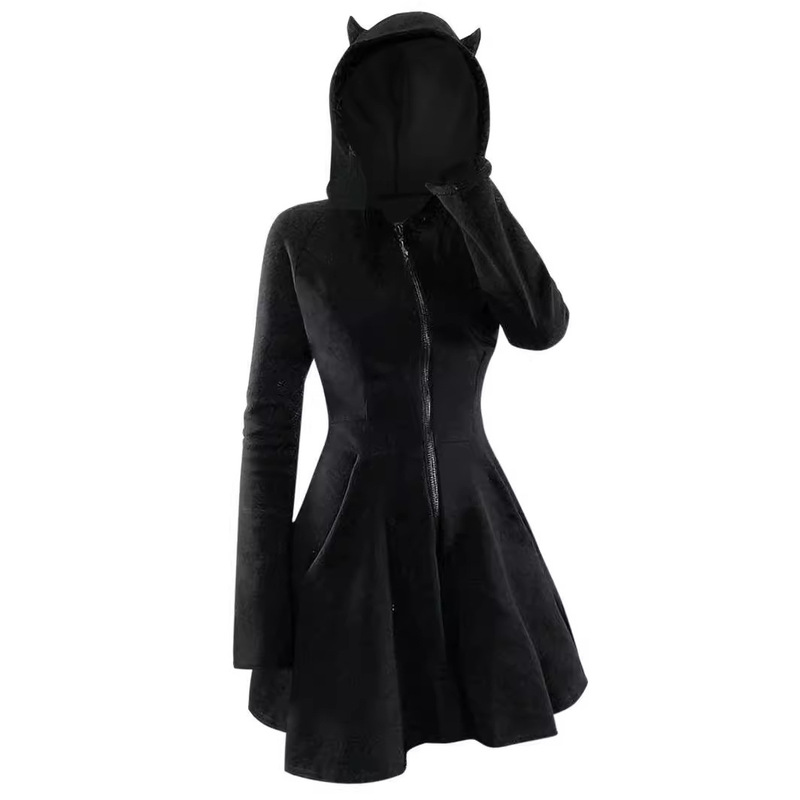 European and American Stitching Women's Gothic-style Hooded Long-sleeved Golden Velvet Cat Ear Slim-fit dress Dress plus size Women's Dress