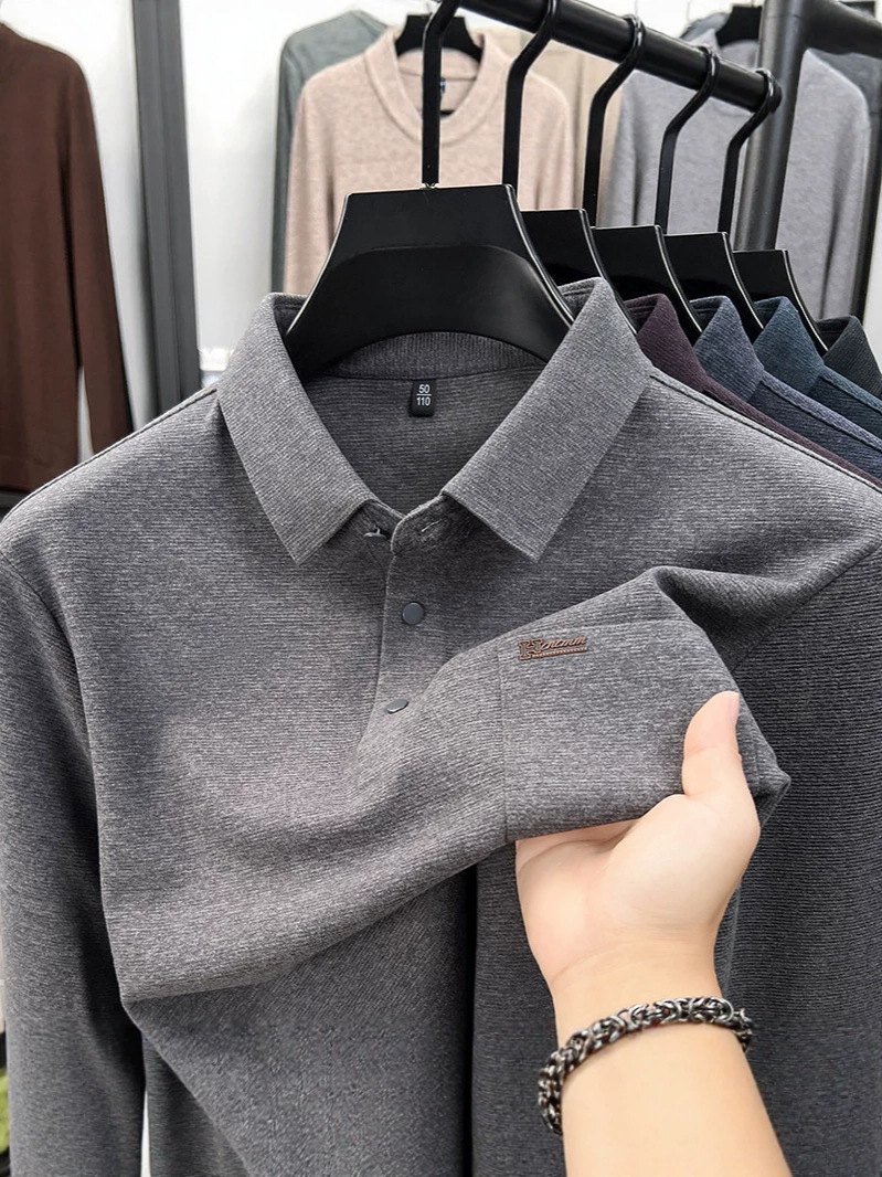 Middle-aged and elderly men's turn-down collar long-sleeve T-shirt, new autumn casual seamless Polo shirt, solid color base top, available for wholesale