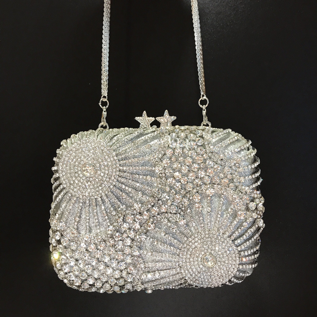 BL505 nuevo estilo europeo y americano de banquete de mano de fuegos artificiales de cinco puntas bolsas de cristal plata con diamantes bolsas de cena c