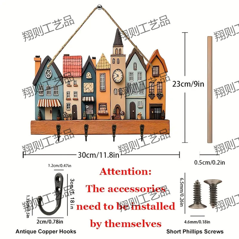 クロスボーダー热い贩売スポットカラフルな木制小屋キーハンガーフラットグラフィックリビングルーム装饰ストラップ木制卸売|undefined