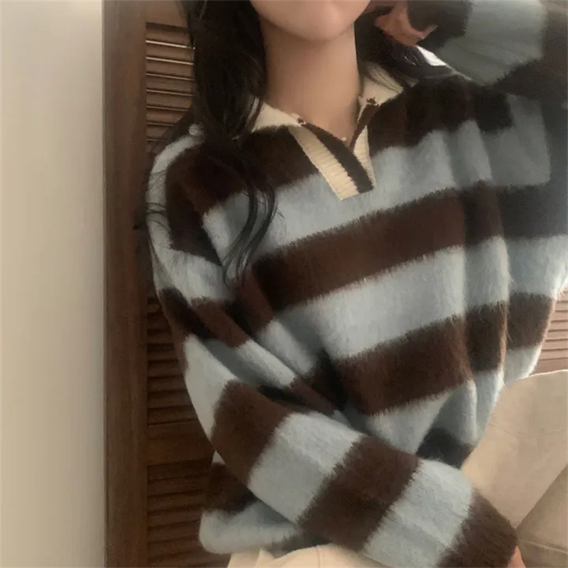 现货  蓝棕条纹polo翻领毛绒针织毛衣|undefined