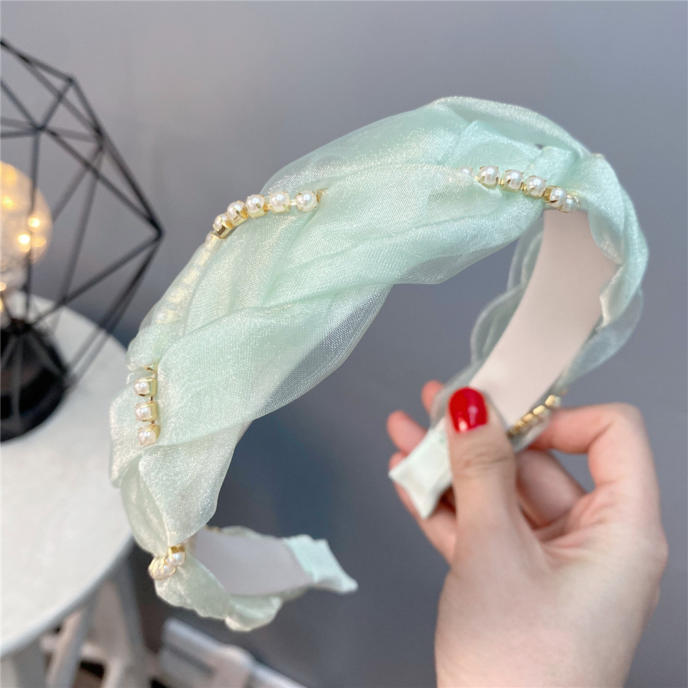 Organza Pearl Twist Solid Color Wide Edged Headband Korean Style Hair Accessories display picture 4