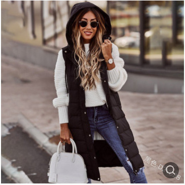New European and American style casual solid color hooded slim-fit sleeveless cardigan mid-length cotton vest jacket Q024