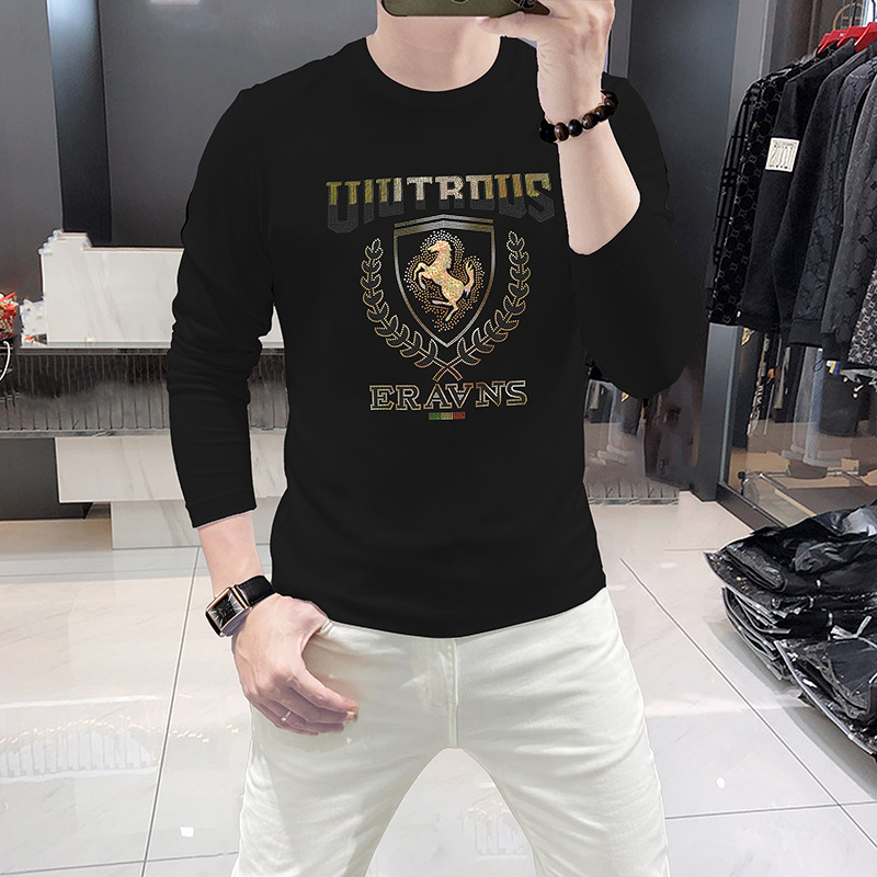 New long sleeved T-shirt base shirt with rhinestones, war horse European goods, men's round neck, spring and autumn_voghion.com