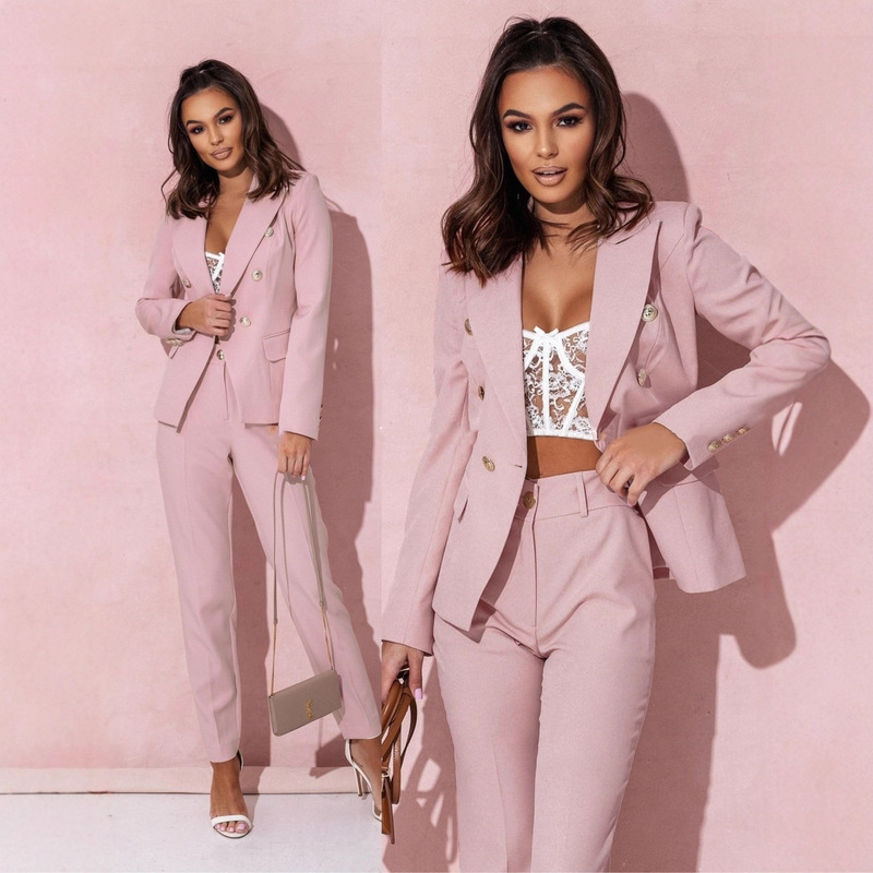 2025 Cross-Border Women's Fashion Solid Color Slim-Fit Casual Stylish Waist-Cinching Double-Breasted Two-Piece Suit Black European and American Style