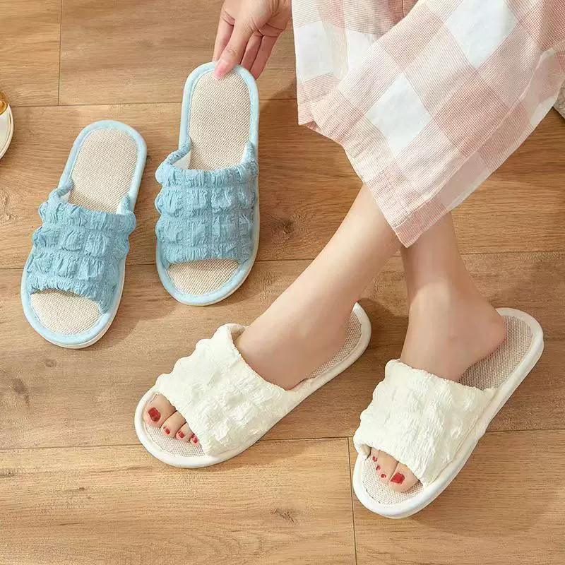 春秋亚麻女拖鞋室内家居泡芙透气办公室家用四季布艺棉麻凉拖鞋男