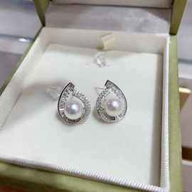 7-8mm天强光正圆微瑕然海水珍珠耳钉925银气质水滴个性夸张耳钉女