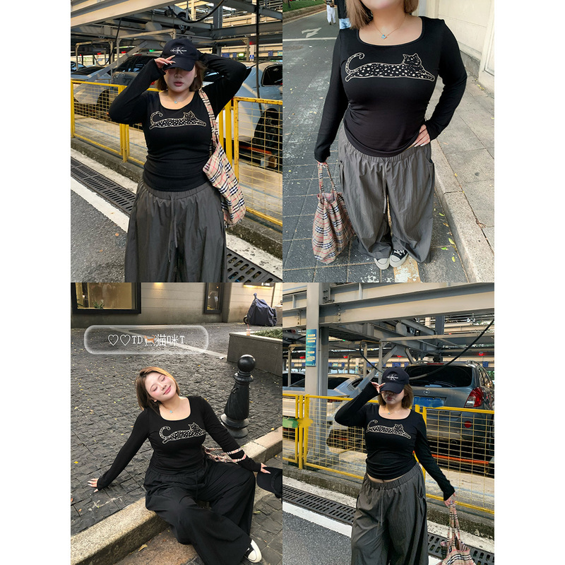 【Cat T】Plus Size Early Autumn U-Neck Long Sleeve T-Shirt Slim Fit Versatile Printed Base Shirt for Women 【Cat T】Plus Size Early Autumn U-Neck Long Sleeve T-Shirt Slim Fit Versatile Printed Base Shirt for Women
