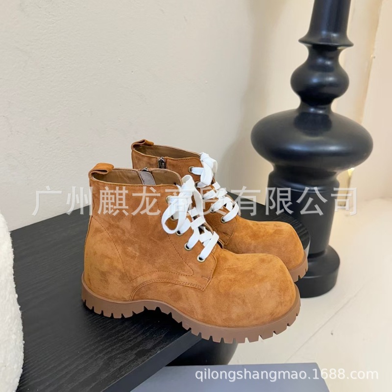 高端2025新款真皮圆头复古系带马丁靴女磨砂内增高短靴英伦风机车|undefined