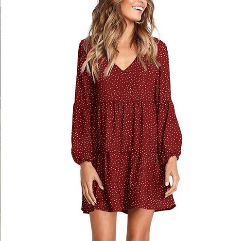 Cross-border European and American women's fashion V-neck long-sleeved polka-dot ruffled loose elegant dress, mid-length lantern skirt.