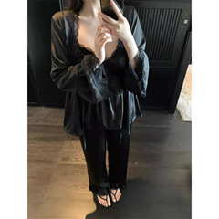 纯欲风蕾丝边V领冰丝睡衣女款春秋季2025年新款家居服大码三件套