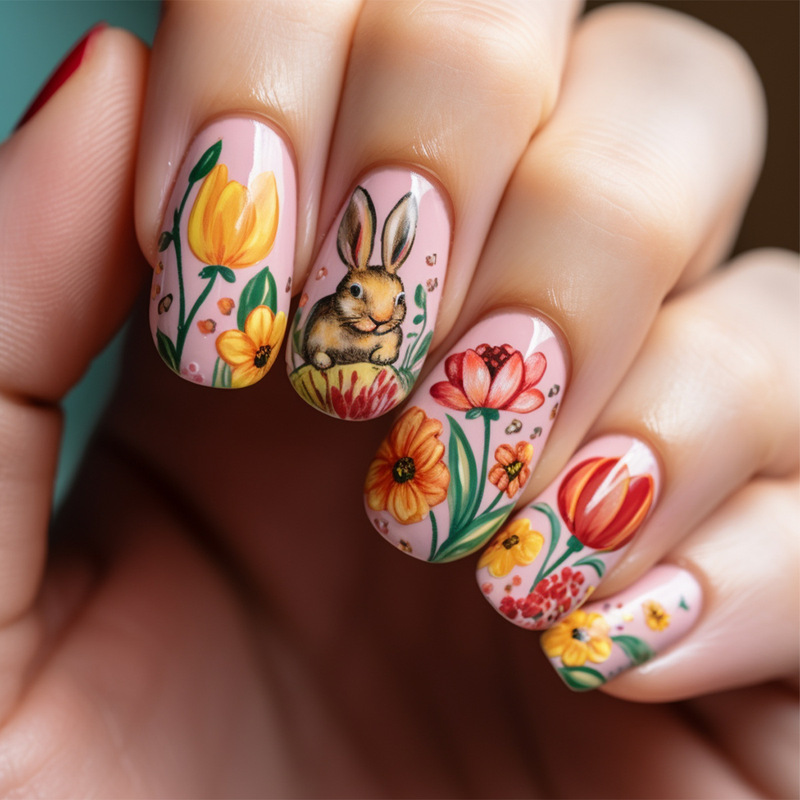 Spring Summer Abstract Graffiti Flower Cute Rabbit Design Pink Short Square False Nails Easter Nail Patch
