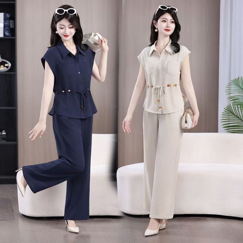2026 Summer New Fashion Mom-Style Shirt and Wide-Leg Pants Set, Age-Reducing, Waist-Slimming, Two-Piece Set