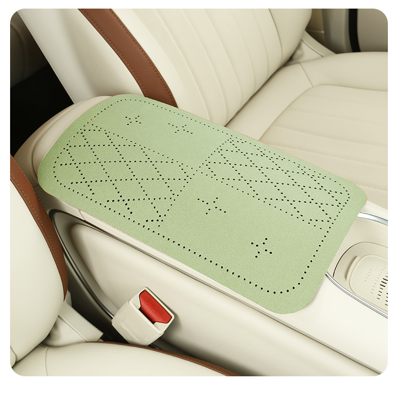 Car armrest box protective pad, breathable diamond perforated suede armrest pad, simple style car interior accessory