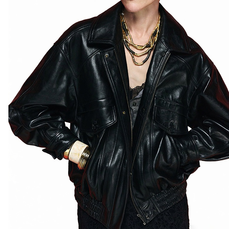 Genuine Leather Jacket Hn5218-1 Spring New Style Oil-Waxed Sheepskin American Casual Simple Versatile Wide-Fit Women's Jacket