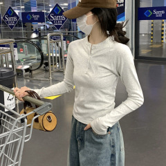 纽扣半开领长袖T恤女秋季2025设计感插肩袖内搭短上衣打底衫