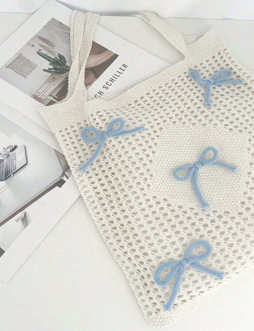 Medium Size Women's Medium Polyester Bow Knot Cute Preppy Style Knitting Hollow Square Open Square Bag