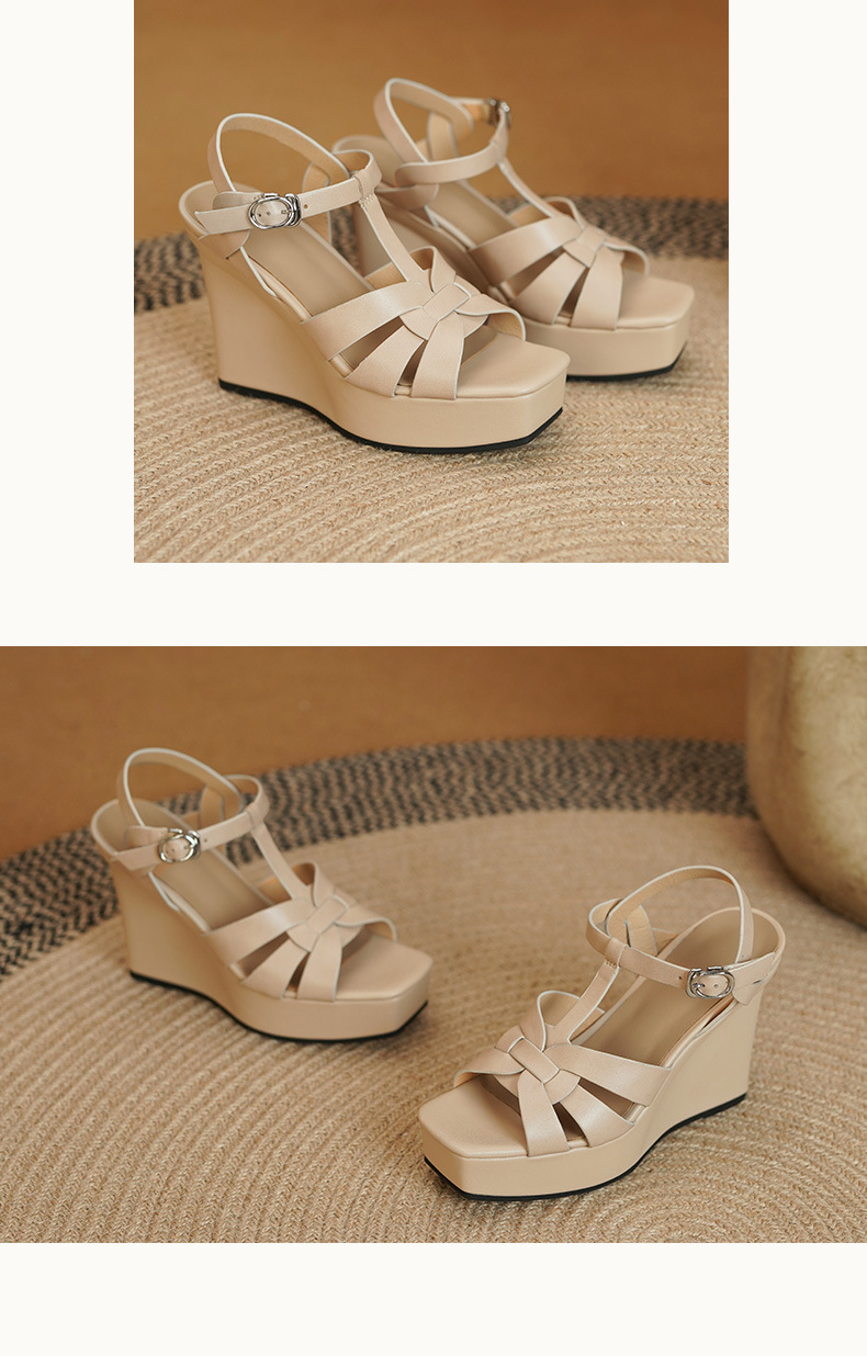 Sandal cao gót nữ hở mũi dây chéo da thật đế xuồng phong cách La Mã — Màu nâu nhạt, Màu mơ chi tiết 6