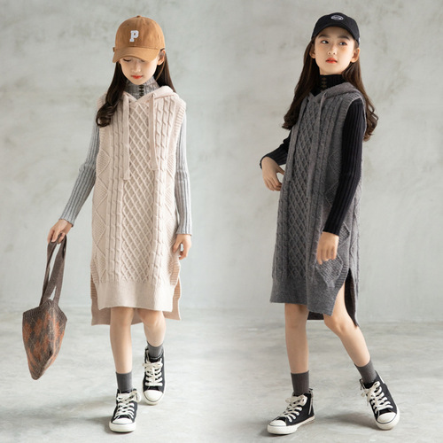 Girls Dress Autumn and Winter Korean Style Children's Clothing Girls Hooded Thickened Sweater Knitted Skirt Casual Sports Vest