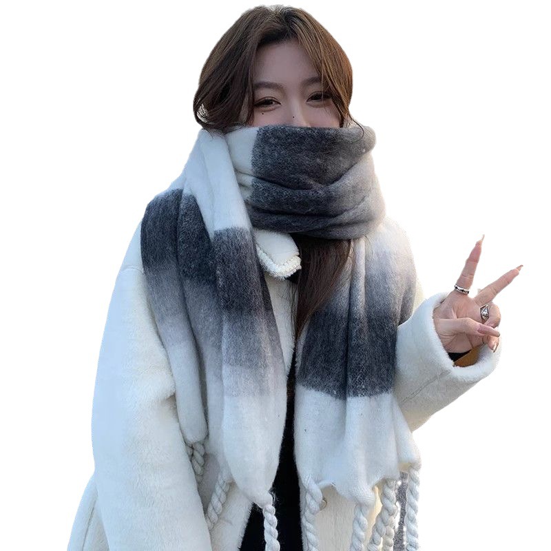 Vinterscarf Damvärme Förtjockad koreansk version Mångsidig sjal Plysch Mohair Studentstil Byter gradvis färg_voghion.com