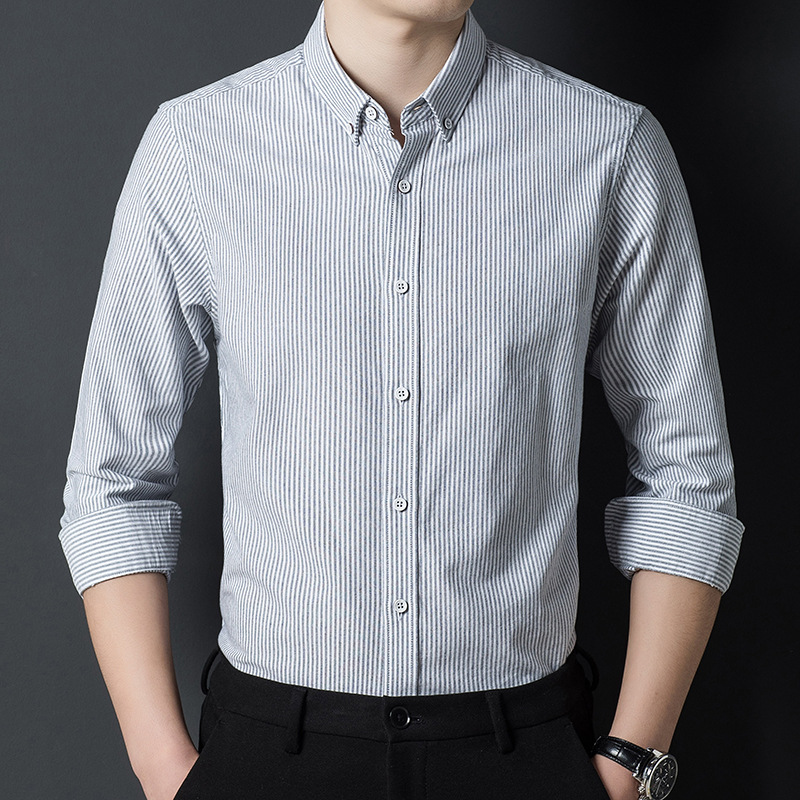 高档男士长袖衬衫春秋装薄款休闲爸爸装潮流纯棉衬衣职业宽松条纹