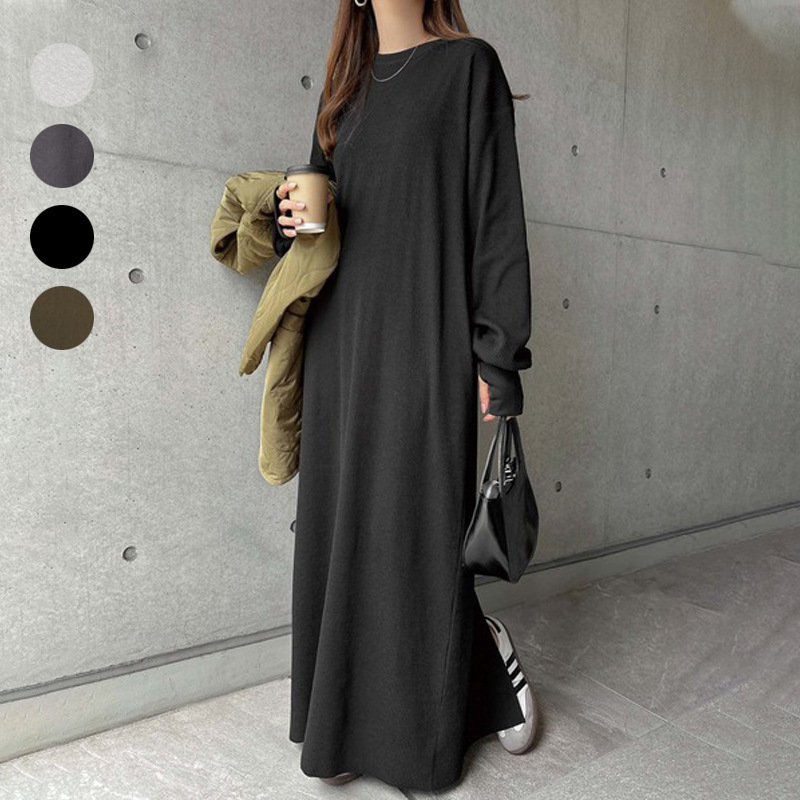 Japanese-Style Rakuten Korean and Japanese Simple Sweatshirt Dress for Women, Loose Fit, Casual Long-Sleeve, Lazy Style, Over-The-Knee Long Dress