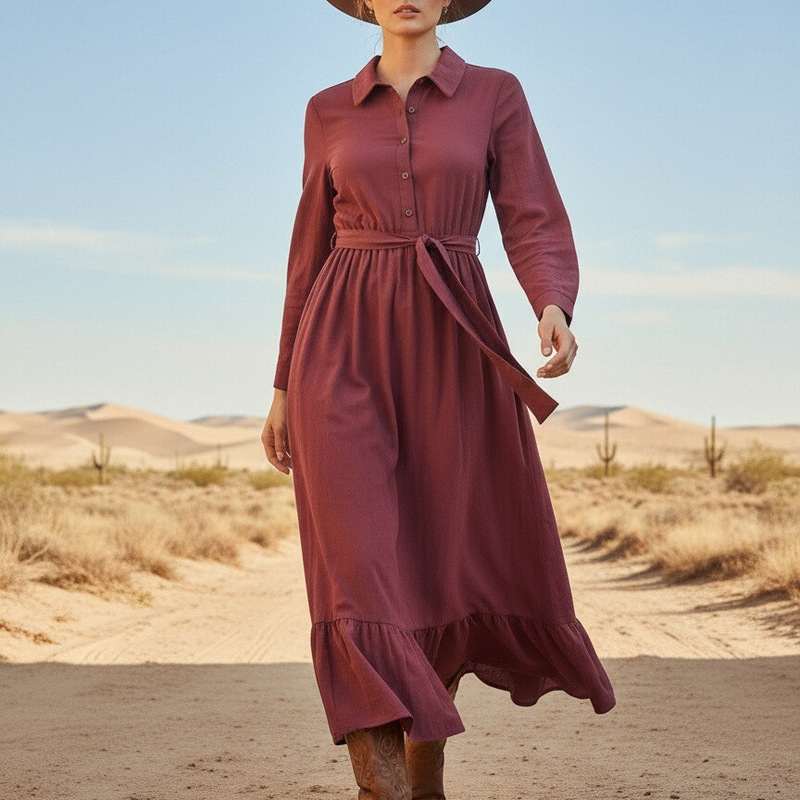 Ln1604 In-Stock Cross-Border 2025 European and American New Fashion Retro Long-Sleeve Bohemian Long Cotton-Linen Dress