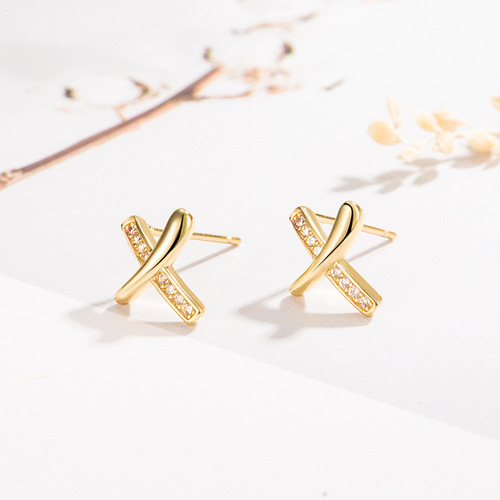 Korean style simple cross earrings for women English letter X earrings small and exquisite earrings plated s925 earrings college style