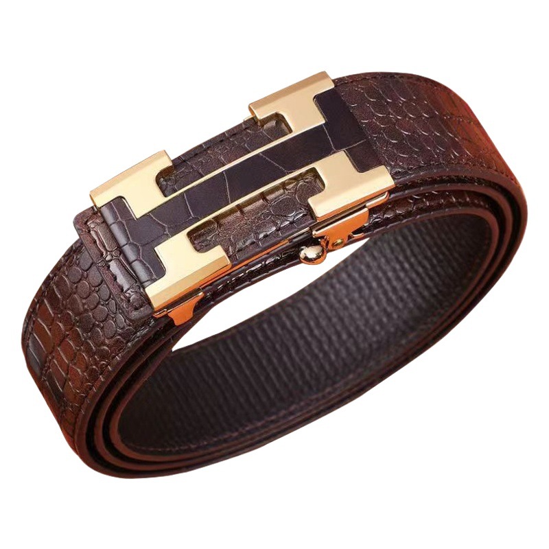 Cinturón de cuero para hombre, patrón de cocodrilo, hebilla automática sin dientes, cinturón de moda informal de negocios, cinturón para jóvenes y de mediana edad