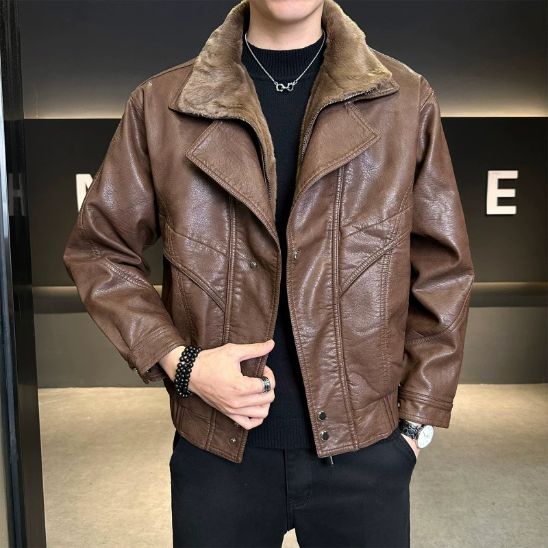 Leather jacket Zuoshan Pi Shuai motorcycle fake two-piece plush leather jacket