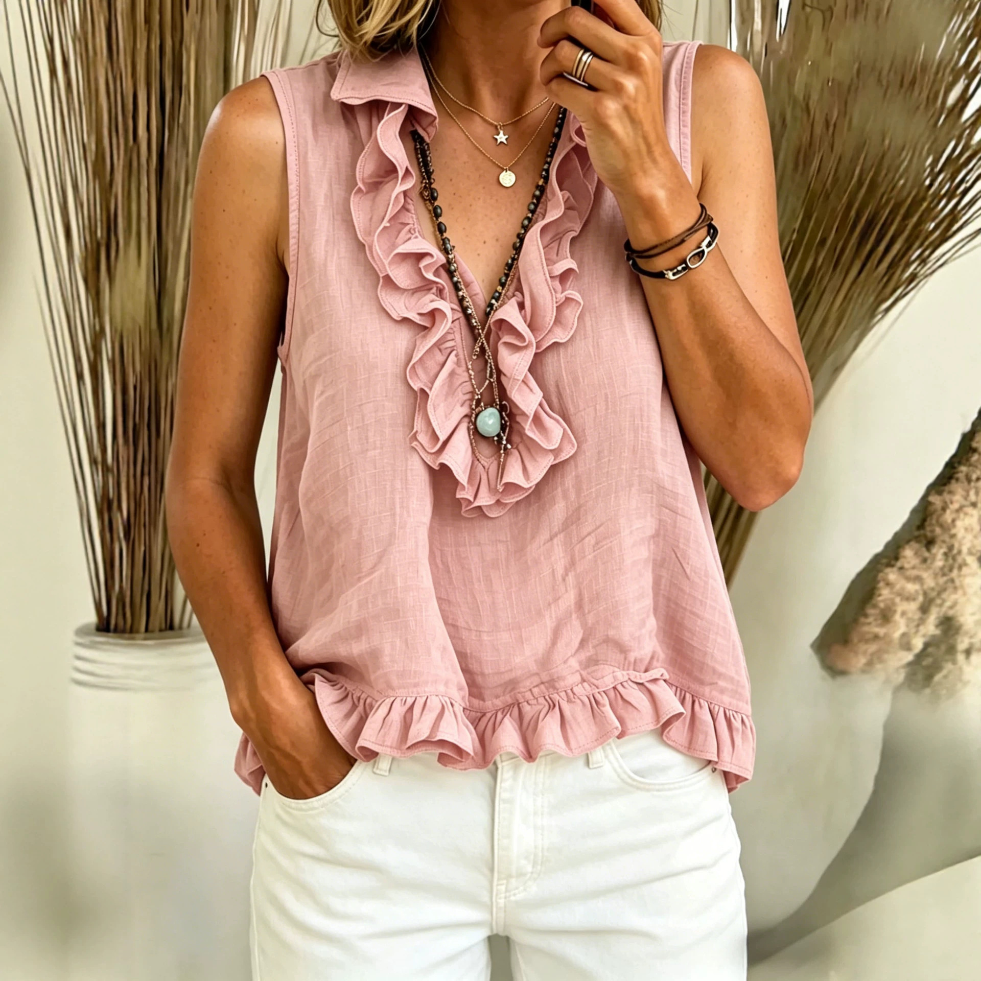 Women's V Neck Ruffle Sleeveless Vest Top Summer Fashion American Style Vacation Shirt_ecoleips.com