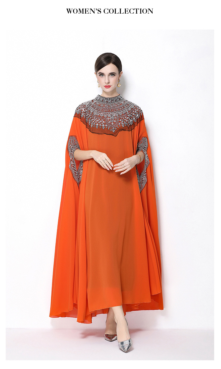 Đầm maxi nữ tay dài thêu hạt sequin cổ điển, dáng rộng che bụng — rượu vang đỏ, Vàng đen, Bạc đen, màu cam chi tiết 18